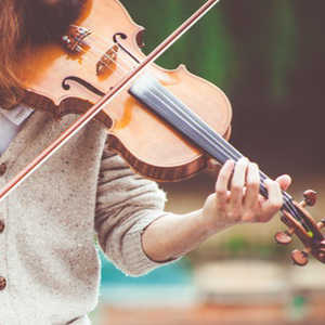 violin being played outside with bow and instrument in frame